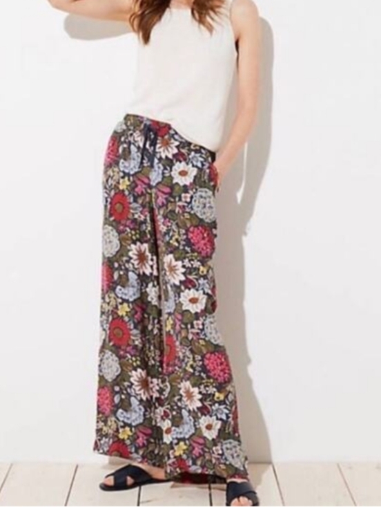 LOFT Pants - Wide Leg Elastic Drawstring Floral Garden Multicolor Palazzo Pants with Pockets